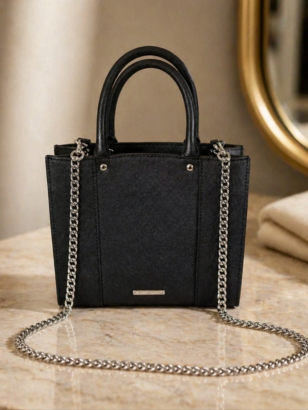 Rebecca Minkoff Black Mini Tote with Silver Chain